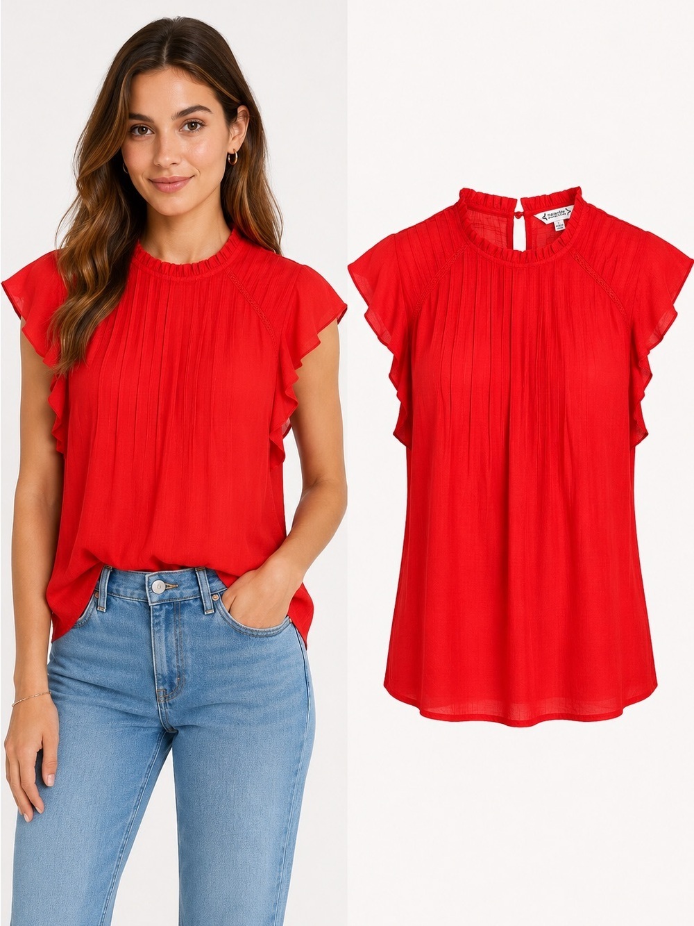 Nanette Lepore Bright Red Ruffle Sleeve Blouse Size Large Lightweight Sheer Top